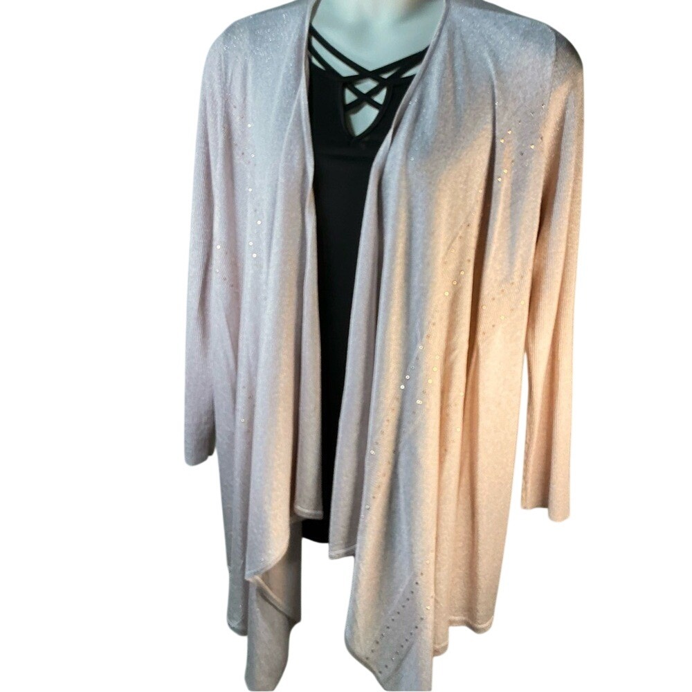 Chicos 3 Travelers Collection Women's Blush Pink/Gold Open Front Hi-Low‎ Sweater